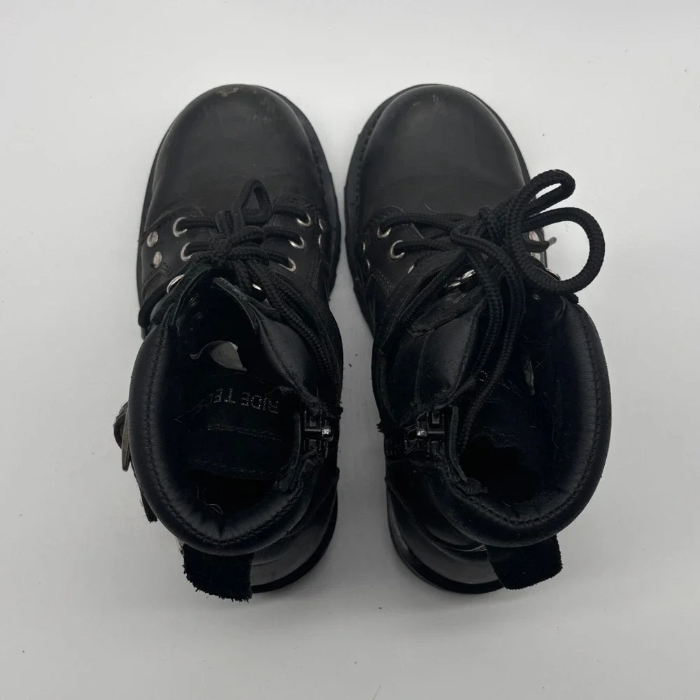 Ride Tecs Mens Black Leather Motorcycle Boots Lace Up Side Zip Lug Sole size 6